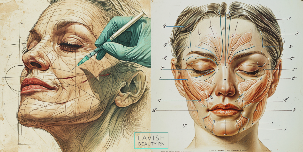 Medical illustration showing Botox injection treatment areas on face